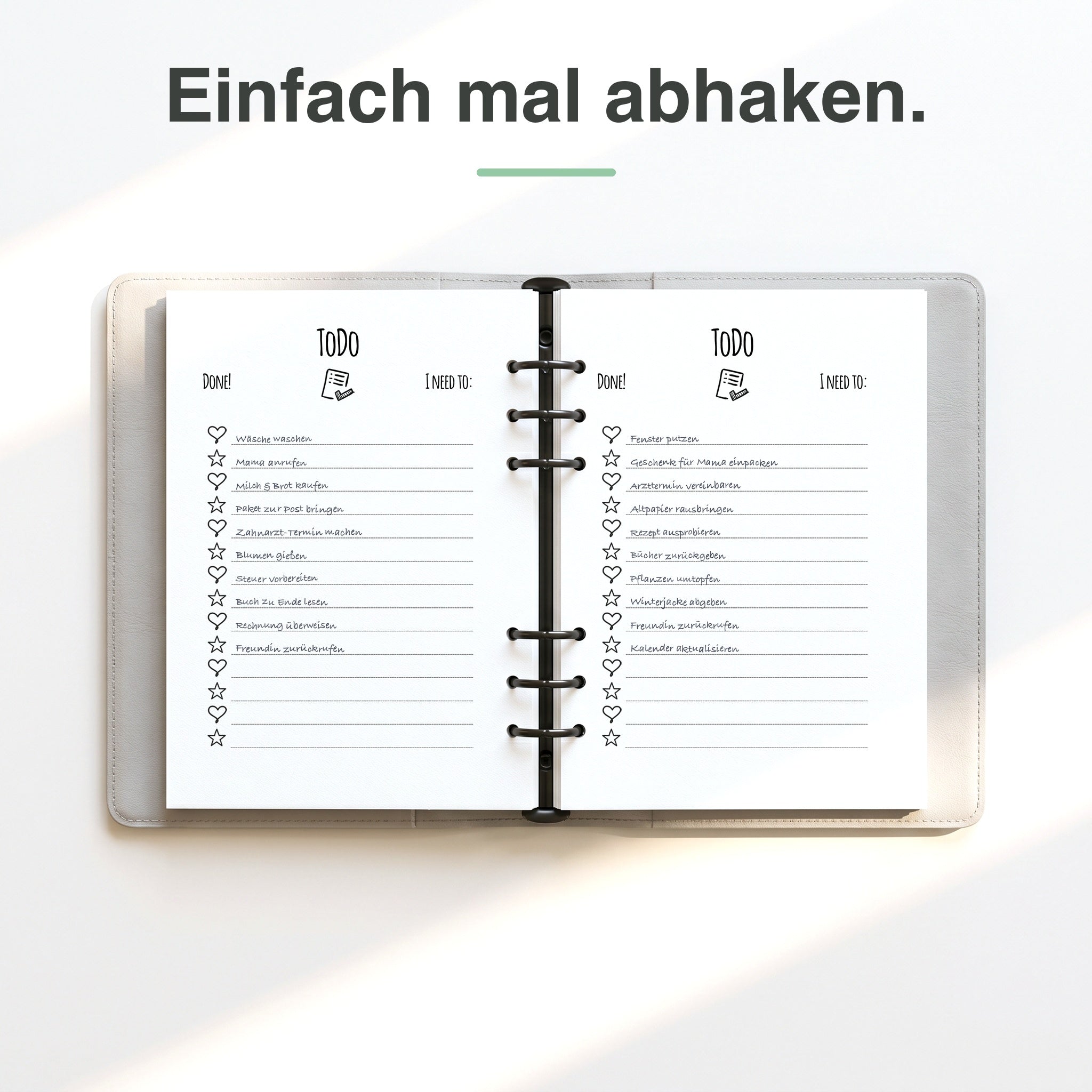 
A5 To-do-Liste handschriftlich ausgefüllt, Aufgaben abgehakt