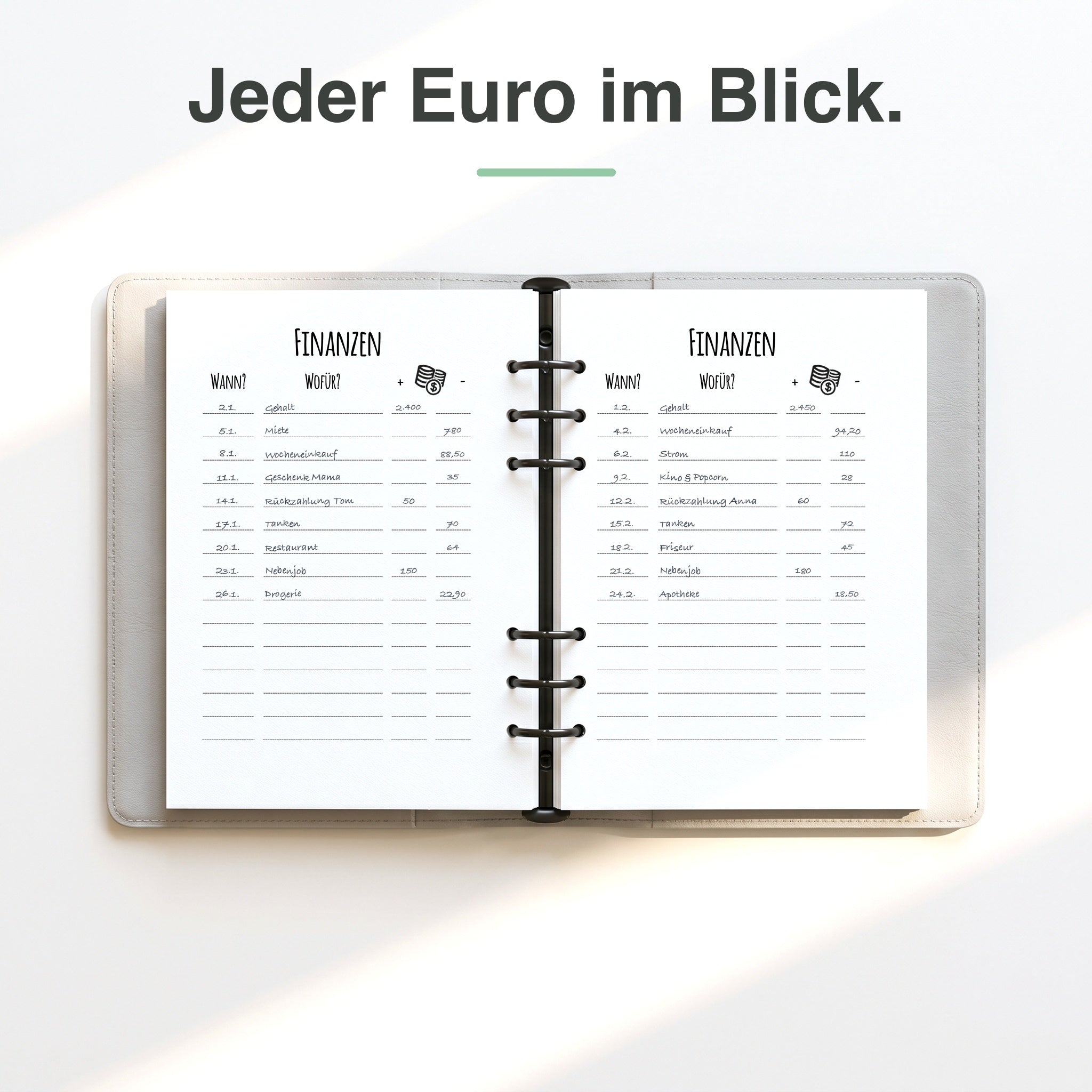 
A5 Finanzliste handschriftlich ausgefüllt, Einnahmen und Ausgaben eingetragen