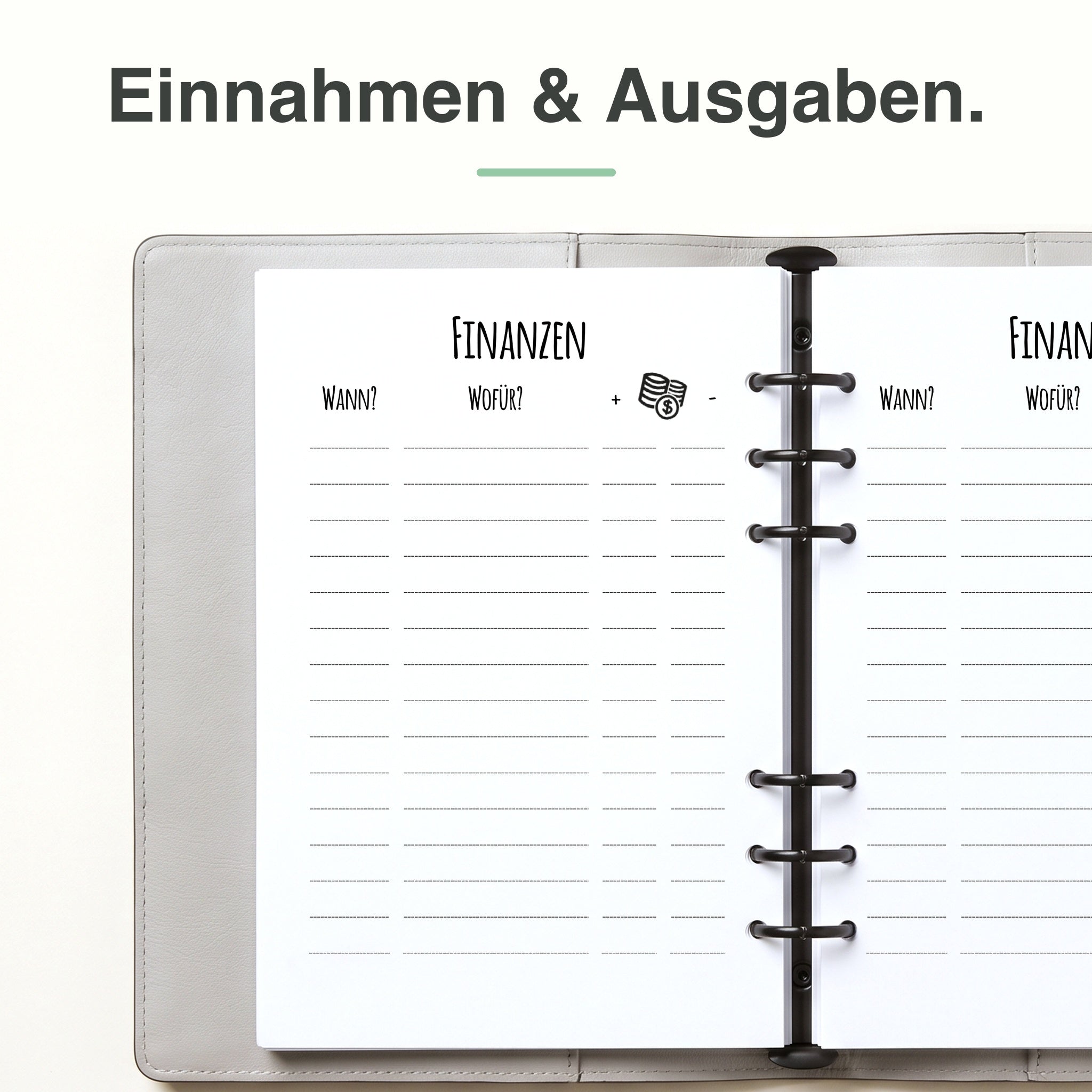 
A5 Finanz-Einlage, linke Seite mit Spalten für Einnahmen und Ausgaben