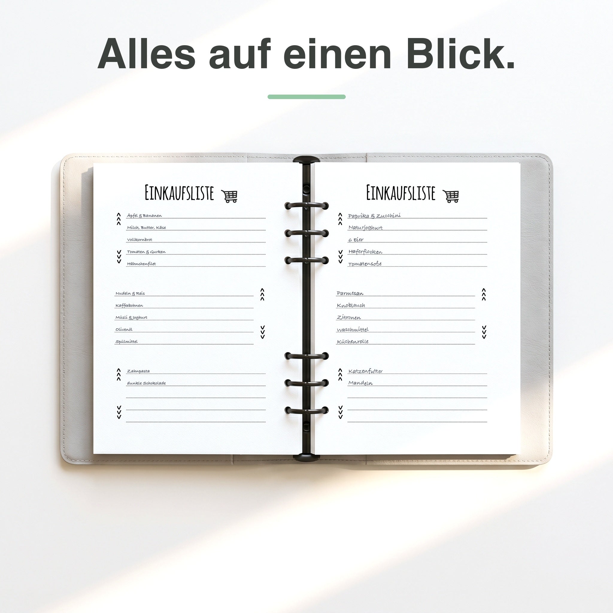 
A5 Einkaufsliste handschriftlich ausgefüllt, Produkte notiert