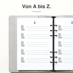 
A5 Adress-Einlage, linke Seite mit Feldern für Name und Kontakt