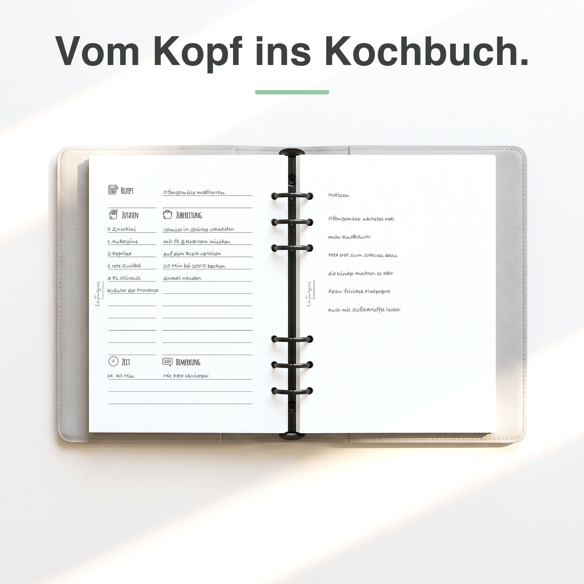 
A5 Rezeptvorlage handschriftlich ausgefüllt, Lieblingsrezept eingetragen