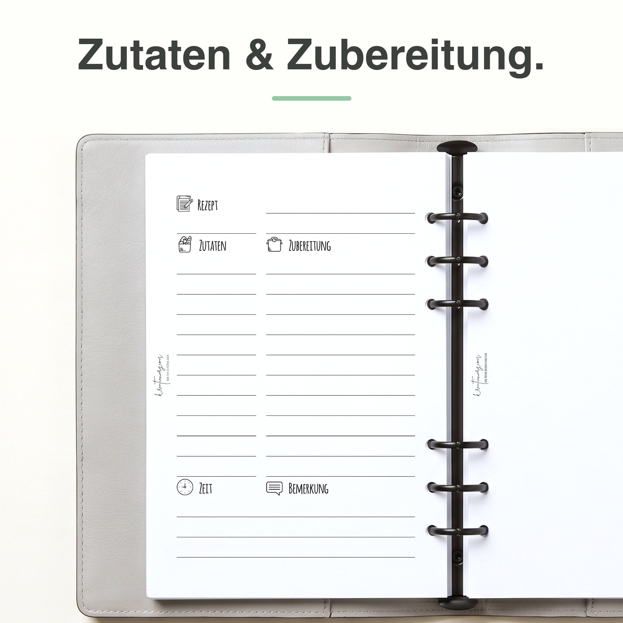 
A5 Rezept-Einlage, linke Seite mit Feldern für Zutaten und Zubereitung