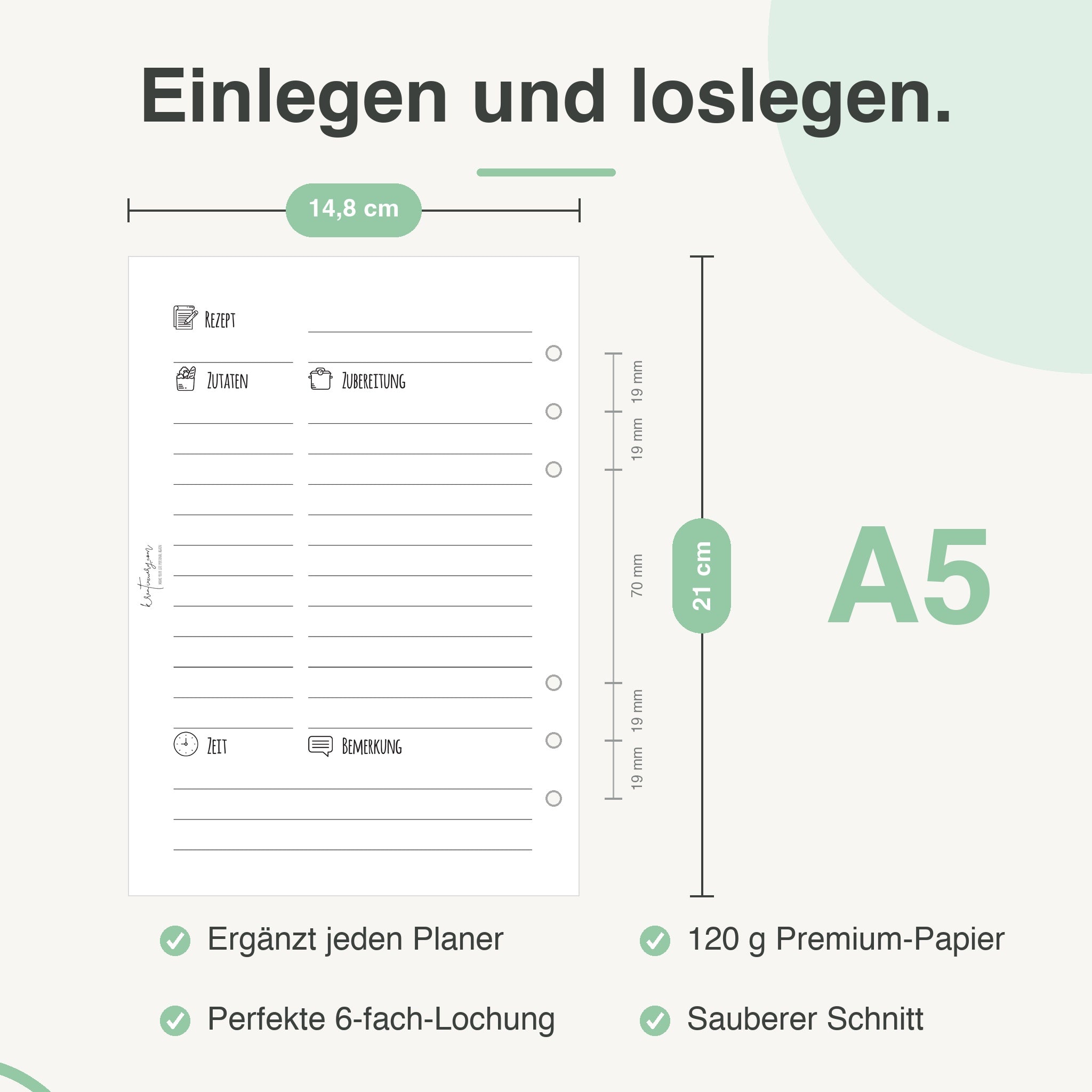 
A5 Rezept-Einlage, passend für A5-Ringbücher (z. B. Filofax)