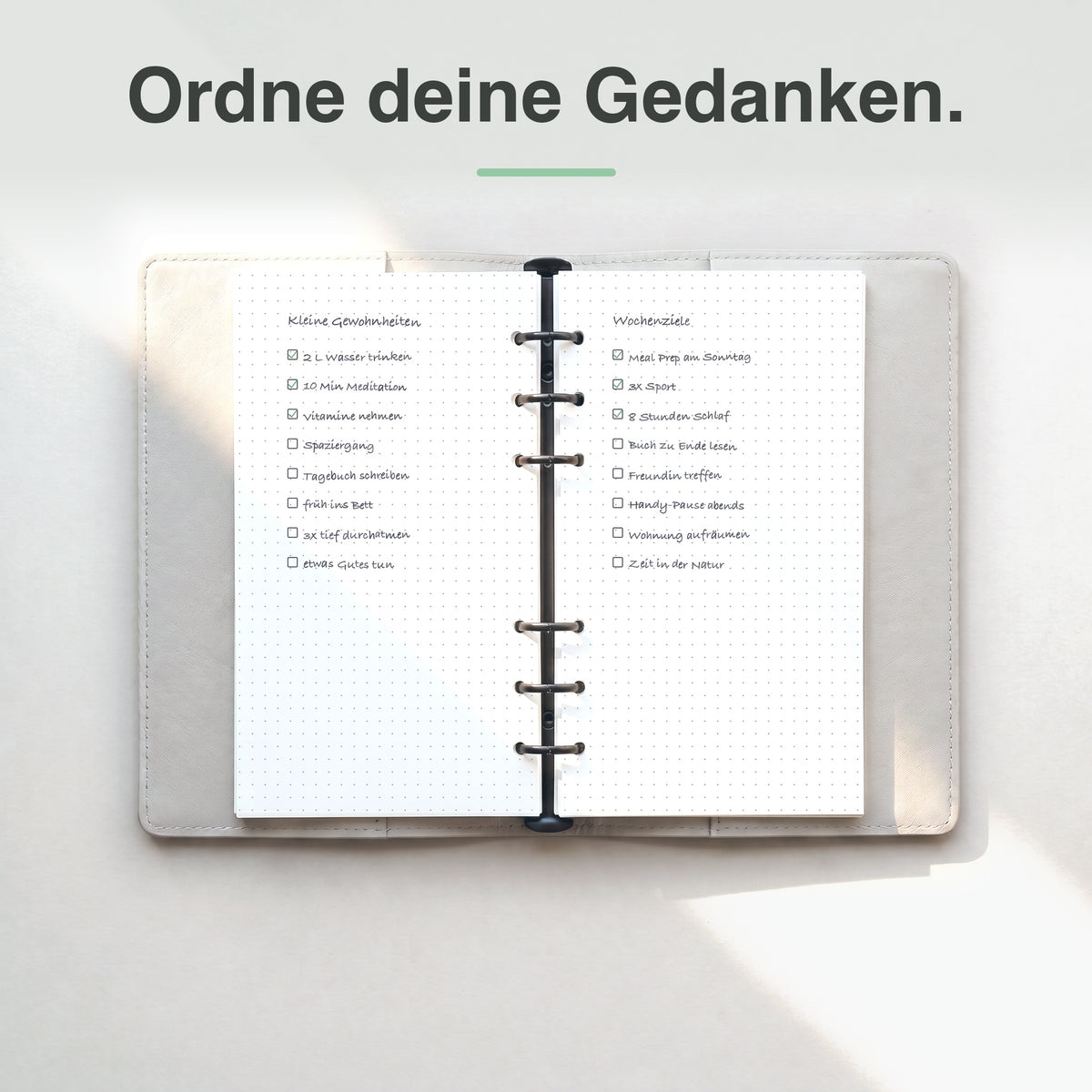 
Personal Dot-Grid-Notizpapier in Benutzung, handschriftlich beschrieben