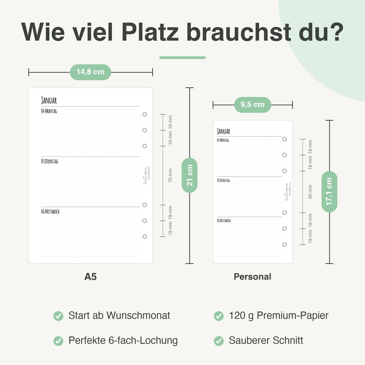 
Größenvergleich A5 und Personal: 14,8 × 21 cm neben 9,5 × 17,1 cm, mit 6-fach-Lochung