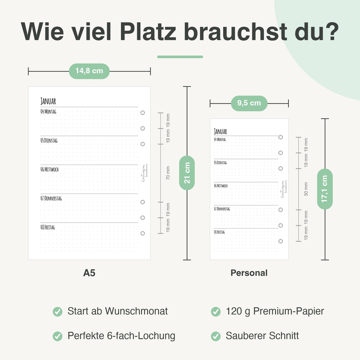 
Größenvergleich A5 und Personal: 14,8 × 21 cm neben 9,5 × 17,1 cm, mit 6-fach-Lochung