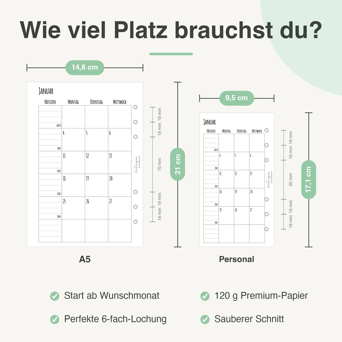 
Größenvergleich A5 und Personal: 14,8 × 21 cm neben 9,5 × 17,1 cm, mit 6-fach-Lochung