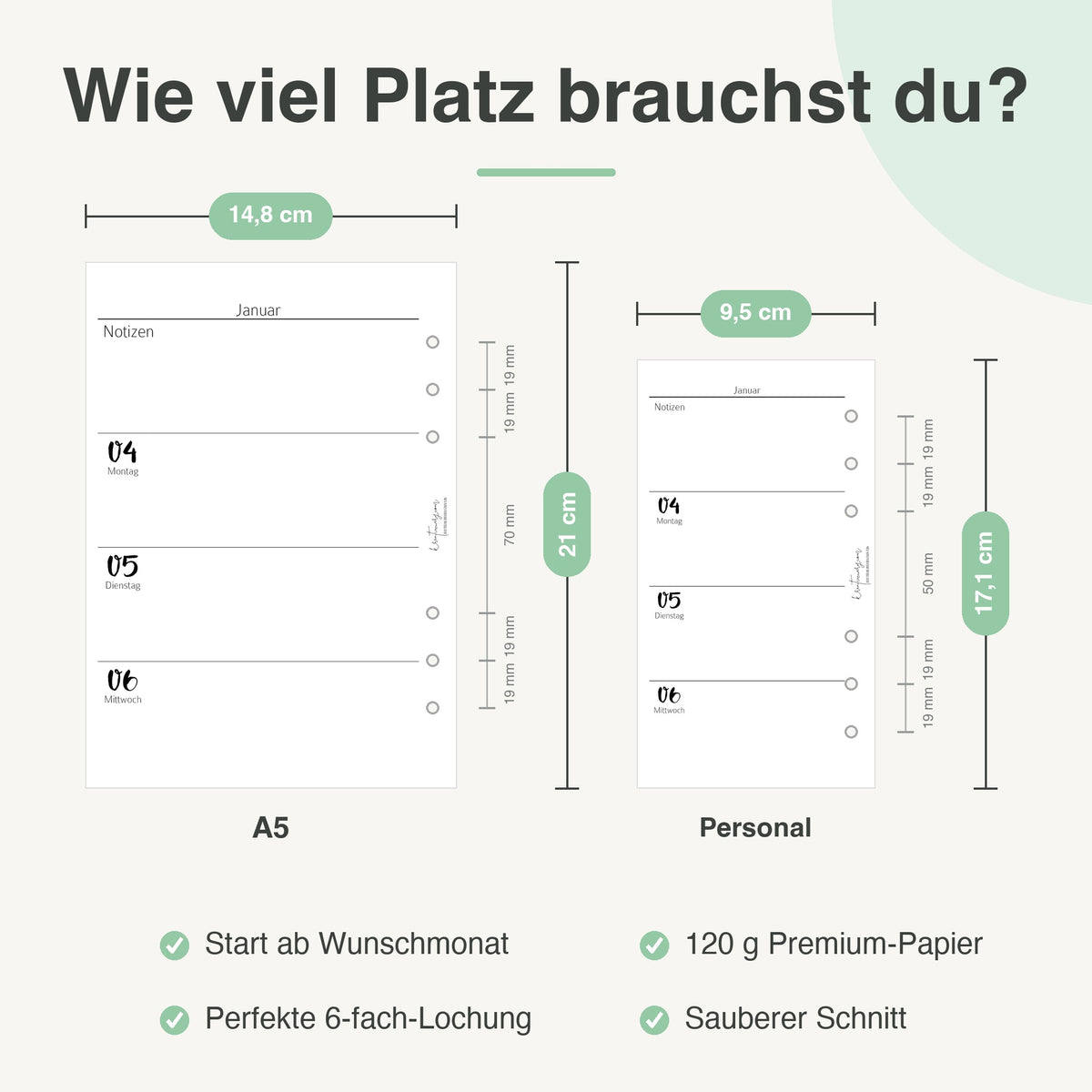 
Größenvergleich A5 und Personal: 14,8 × 21 cm neben 9,5 × 17,1 cm, mit 6-fach-Lochung