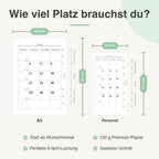 
Größenvergleich A5 und Personal: 14,8 × 21 cm neben 9,5 × 17,1 cm, mit 6-fach-Lochung
