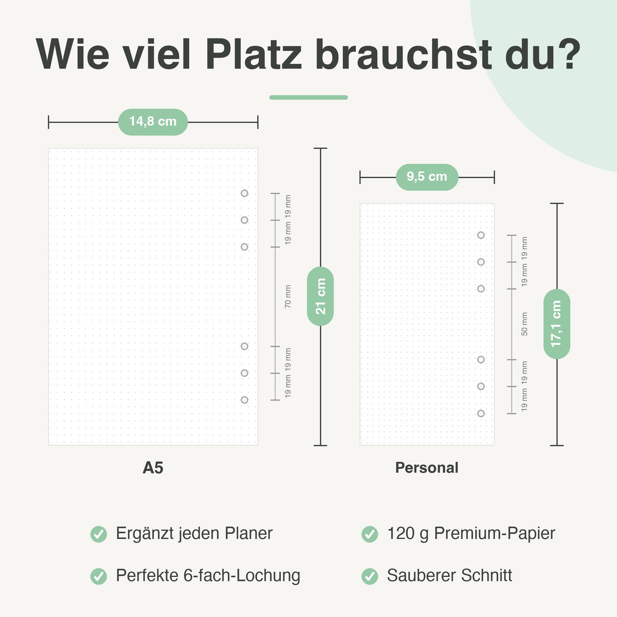 
Größenvergleich A5 und Personal: 14,8 × 21 cm neben 9,5 × 17,1 cm, mit 6-fach-Lochung
