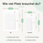 
Größenvergleich A5 und Personal: 14,8 × 21 cm neben 9,5 × 17,1 cm, mit 6-fach-Lochung