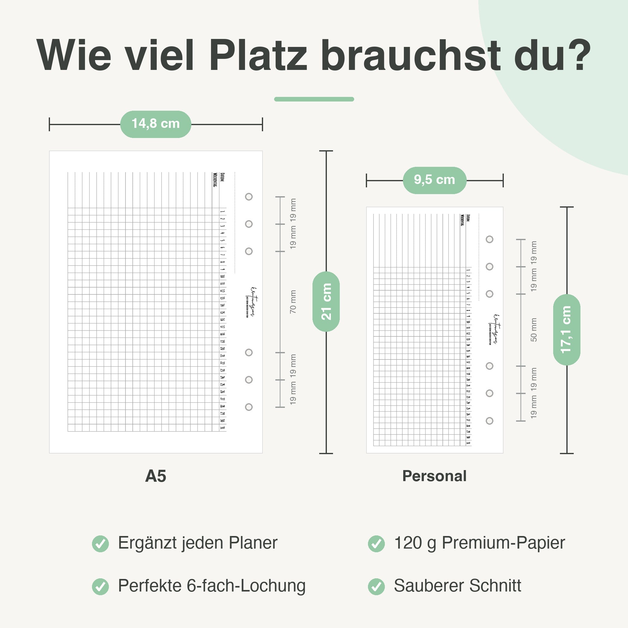 
Größenvergleich A5 und Personal: 14,8 × 21 cm neben 9,5 × 17,1 cm, mit 6-fach-Lochung