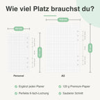 
Größenvergleich Personal und A5: 9,5 × 17,1 cm neben 14,8 × 21 cm, mit 6-fach-Lochung