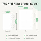 
Größenvergleich Personal und A5: 9,5 × 17,1 cm neben 14,8 × 21 cm, mit 6-fach-Lochung